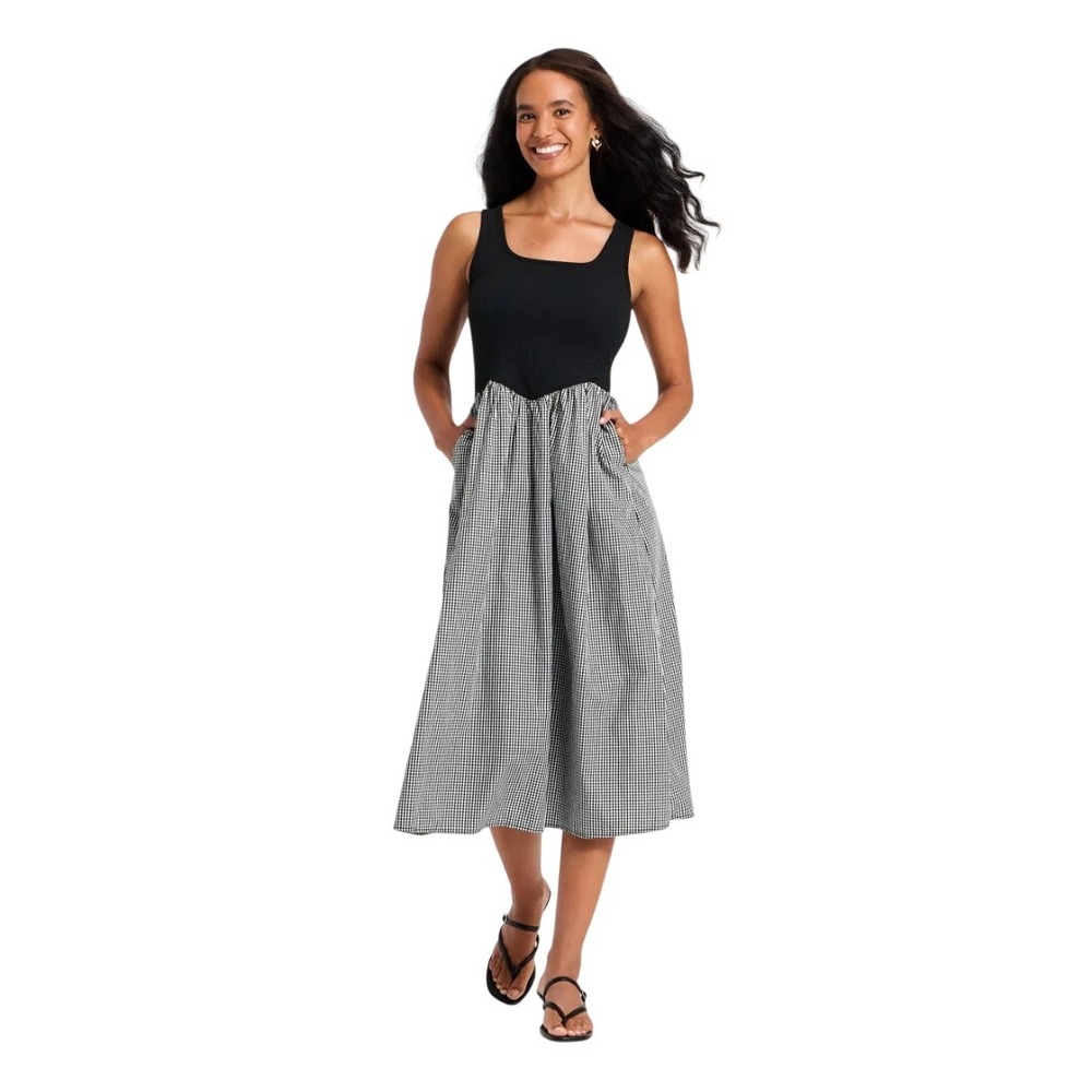 A New Day Women's Black White Gingham Mixed Media Tank Maxi Dress Size XL